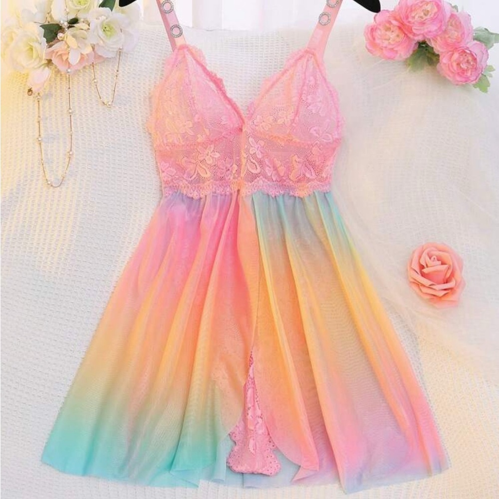 Elegant Pink and Multicolor Lace Chemise set